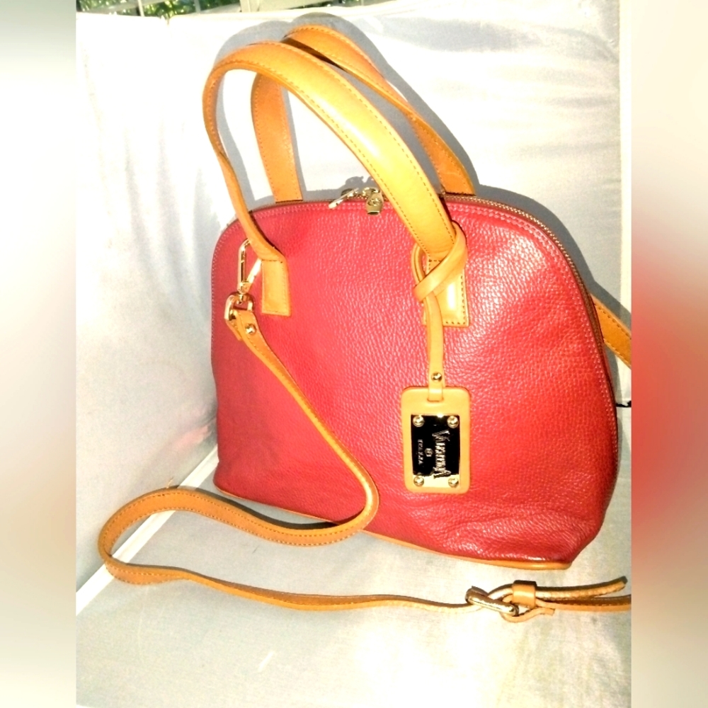 Bordeaux red tan straps Pebble leather purse by Valentina Italy